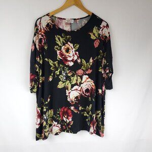 The Zig Zag Stripe Womens Black Floral Print Half Slv Flowy Silky Blouse Sz 2X